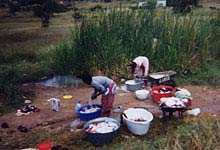 ladies doing washing using wash tubs at community spring