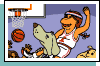 E-card featuring Muffy being lifted on the shoulders of her chauffer in order to dunk a basketball.