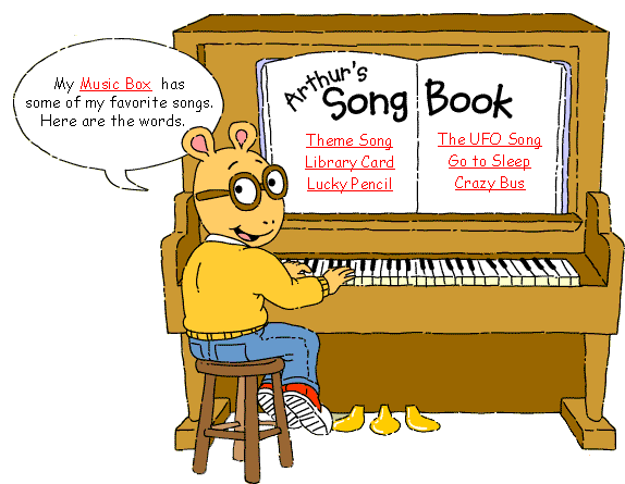 Picture of Arthur at a piano.  Text: Welcome to Arthur's Song Book.  My Music Box has some of my favorite song.  Here are the words  Theme Song; Library Card; Lucky Pencil; The UFO Song; Go to Sleep; Crazy Bus.  Navigation:  Image map with 10 hotspots; see below for text links.
