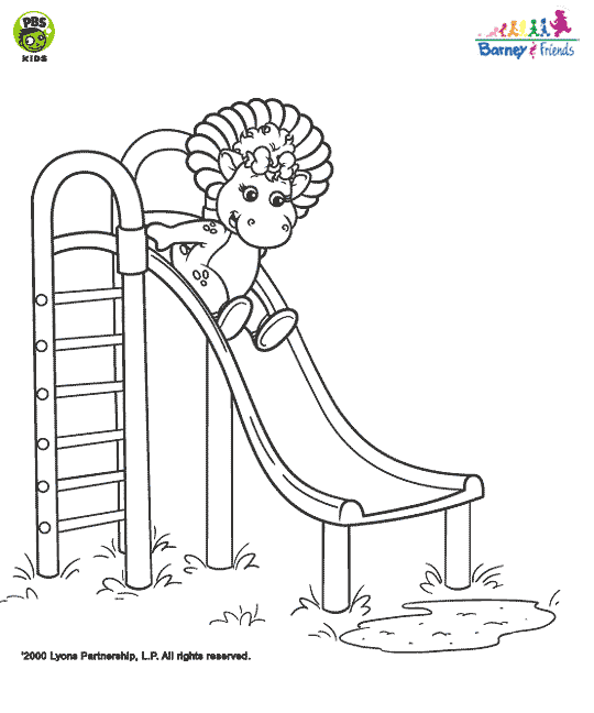 Baby Bop goes down the slide