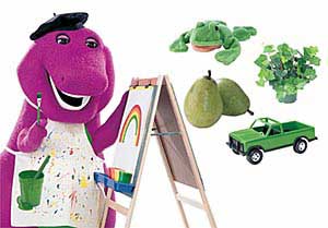 Barney paints with green