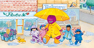 Barney and kids walk in the rain