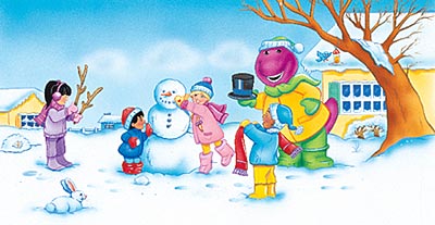 Barney and kids build a snowman