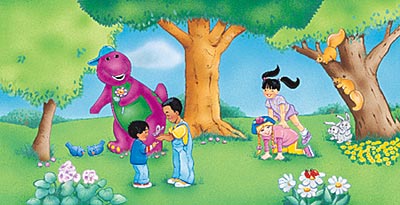 Barney and kids play outside