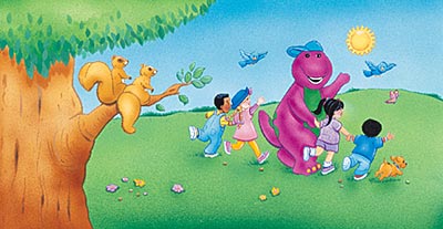 Barney and kids play outside and wave goodbye