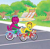 Barney and BJ crossing the street