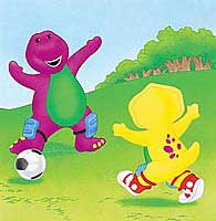 Barney and BJ playing kickball