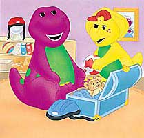 Barney and BJ get ready to ride bikes