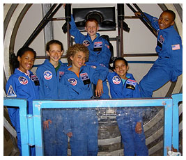 The FETCHers in blue astronaut training jumpsuits.