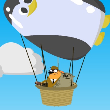 Ruff and Chet in blimp basket. Fluff Ruffman is next to Ruff.