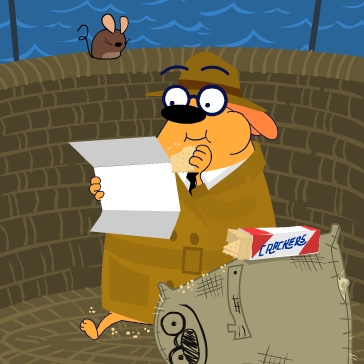 Ruff reading the Spyhounds Bulletin. Next to him is a box of crackers.