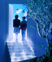 Boy and girl walking up steps