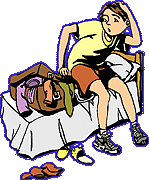 Kid sitting on bed with suitcase