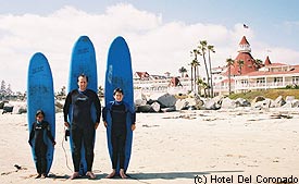 Surfers on Hotel del Coronado's beach