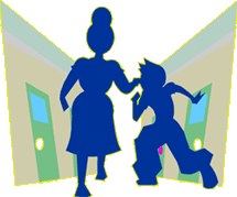 Principal with kid in hallway