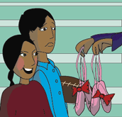Brother and sister getting ballet slippers
