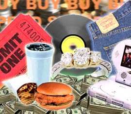 Ticket, soda, fast food, record, ring, jeans, DVD player, money