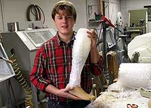Grayson Rosenberger shows off his bubble wrap invention