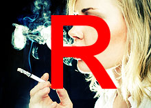 A smoking woman mosty covered by a big, red letter R