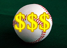 A baseball with dollar signs hovering over it
