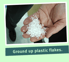 Ground up plastic flakes that can be recycled to make other plastic items.