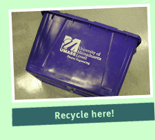 A blue recycling bin in the Plastics Engineering lab at UMass Lowell.