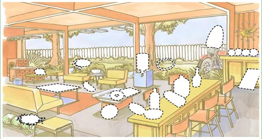 Living room scene, with objects strewn about