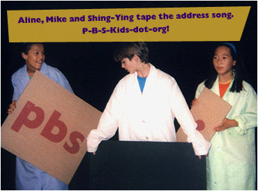 Aline, Mike and Shing-Ying tape the address song. P-B-S-Kids-dot-org!