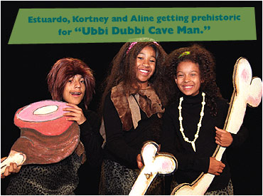 Estuardo, Kortney and Aline getting prehistoric for 'Ubbi Dubbi Cave Man.'